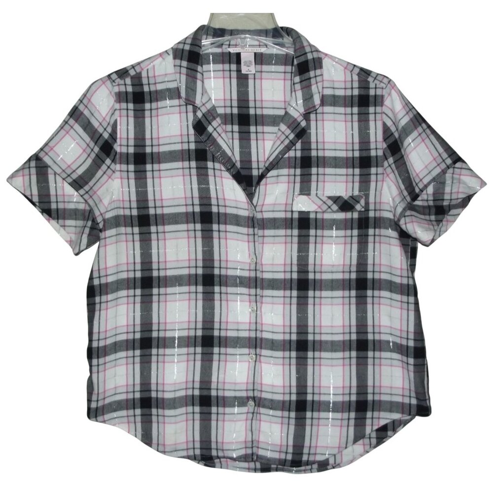 Victorias Secret Pajama Shirt Womens Medium Gray Pink Silver Short Sleeve Button